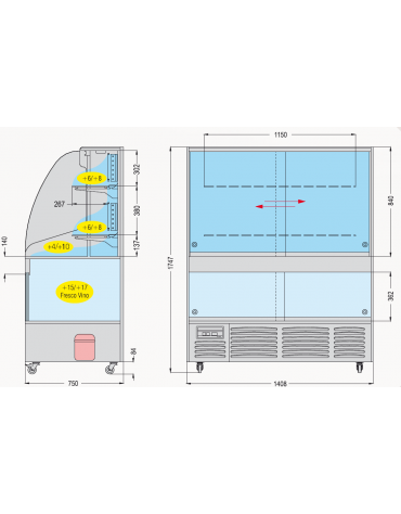 Carrelloespositore refrigerato statico Dimensioni: larghezza mm.1408, profondità mm.750, altezza mm.1750.