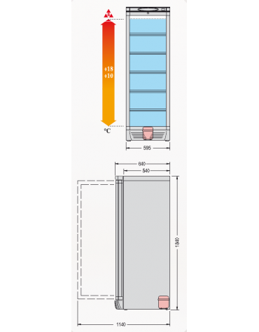 Vetrina refrigerata per vini Dimensioni: larghezza mm.595, profondità mm.640, altezza mm.1840.