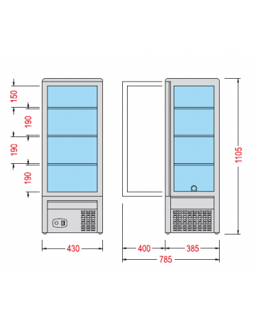Vetrina espositiva verticale refrigerata . Adatta per pasticceria e gastronomia mm  430x385x1105h