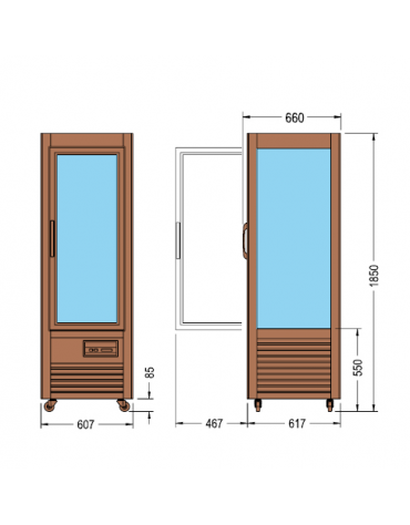 Vetrina espositiva verticale refrigerata in legno colore noce, con ripiani rotanti in vetro mm 607x660x1850h