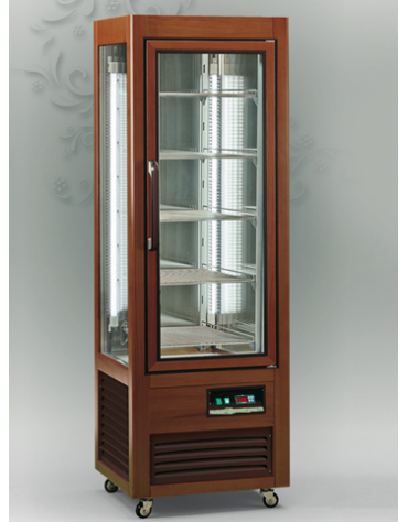 Vetrina espositiva verticale refrigerata in legno colore noce, con ripiani a griglia 607x660x1850h