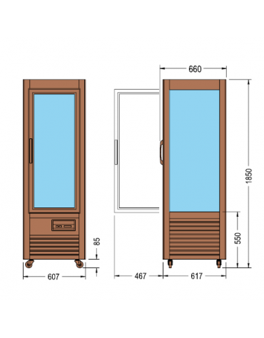 Vetrina espositiva verticale refrigerata in legno colore noce, con ripiani a griglia 607x660x1850h