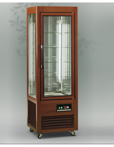Vetrina espositiva verticale refrigerata in legno colore noce con ripiani in cristallo 607x660x1850h