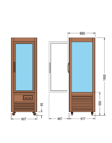 Vetrina espositiva verticale refrigerata in legno colore noce con ripiani in cristallo 607x660x1850h