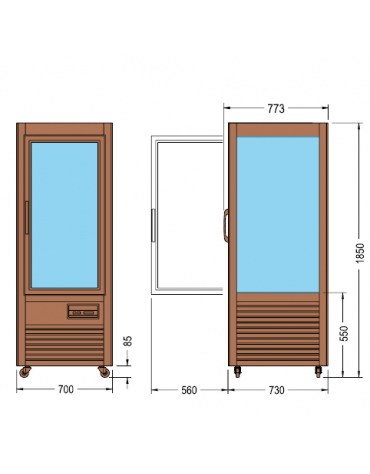 Vetrina espositiva verticale refrigerata in legno colore noce, con ripiani a griglia mm 700x730x1850h