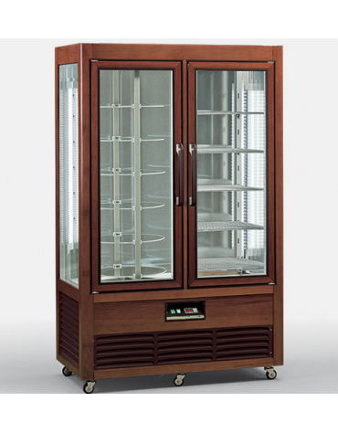 Vetrina espositiva verticale refrigerata in legno colore noce, con ripiani rotanti in vetro e griglie mm 1142x660x1850h