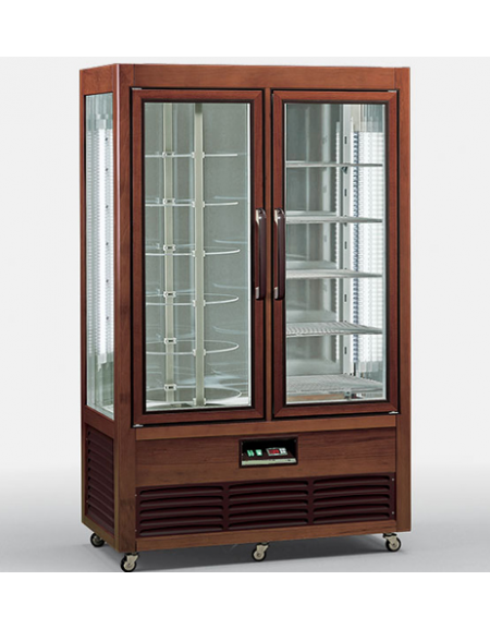 Vetrina espositiva verticale refrigerata in legno colore noce, con ripiani rotanti in vetro e griglie mm 1142x660x1850h