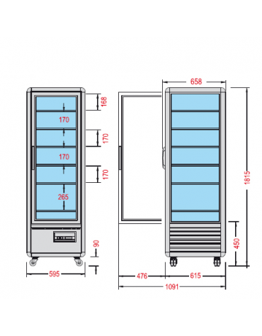 Vetrina espositiva verticale refrigerata con ripiani a griglie mm 595x658x1810h