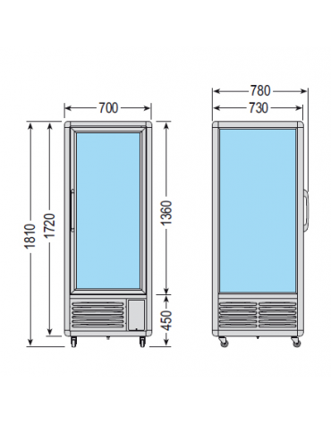 Vetrina espositiva verticale refrigerata con ripiani a griglie mm 700x770x1810h