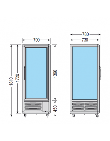 Vetrina espositiva verticale refrigerata con ripiani a griglie mm 700x770x1810h