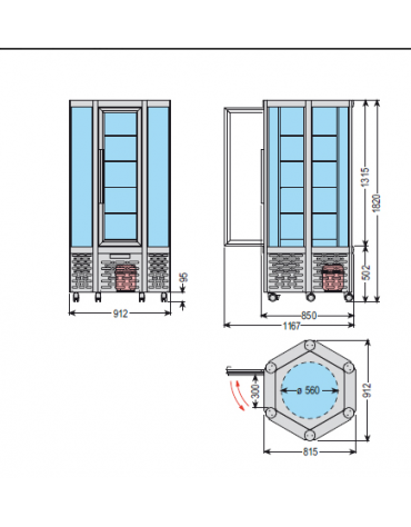 Vetrina espositiva verticale refrigerata con ripiani rotanti in vetro mm 912x815x1820h