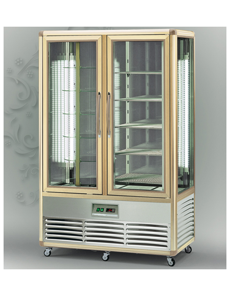 Vetrina espositiva verticale refrigerata con ripiani rotanti in vetro e ripiani a griglie  mm 1150x660x1810h