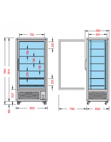 Vetrina espositiva verticale refrigerata con ripiani a griglie mm 900x690x1900h