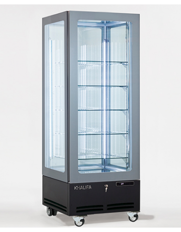 Vetrina espositiva verticale refrigerata con struttura a vetro portante e ripiani in cristallo mm 710x700x1910h