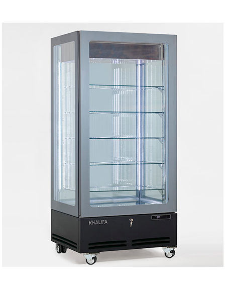 Vetrina espositiva verticale refrigerata con struttura a vetro portante e ripiani in cristallo. Adatta per la cioccolata mm 910x