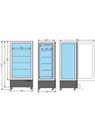 Vetrina espositiva verticale refrigerata con struttura a vetro portante e ripiani in cristallo mm 910x700x1910h