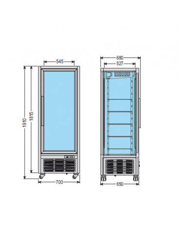 Vetrina espositiva verticale refrigerata con ripiani a griglie mm 700x680x1910h