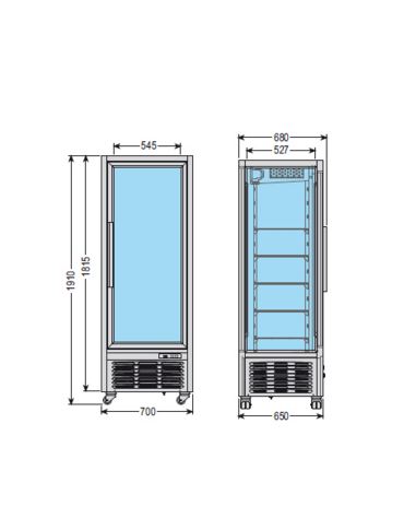 Vetrina espositiva verticale refrigerata con ripiani a cristalli mm 700x680x1910h