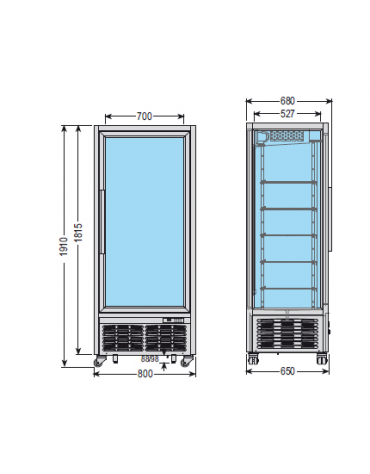 Vetrina espositiva verticale refrigerata con ripiani a griglie. Adatta per gelateria mm 800x680x1910h