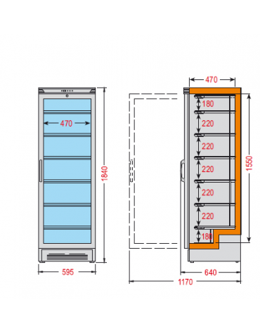 Vetrina espositiva verticale refrigerata con ripiani a griglie mm 595x640x1840h