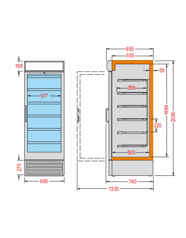 Vetrina espositiva verticale refrigerata con ripiani a griglie mm  680x655x2090h