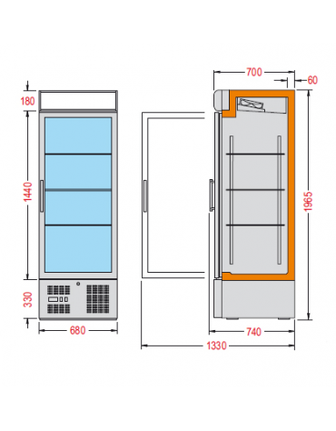 Vetrina espositiva verticale refrigerata con ripiani a griglie mm 680x725x1940h