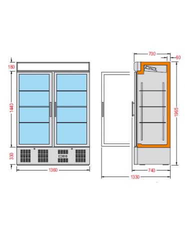 Vetrina espositiva verticale refrigerata con ripiani a griglie mm 1370x700x2000h
