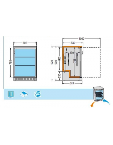 Frigo orizzontale con anta a  battente, realizzato esternamente in acciaio verniciato nero, mm 602x535x920h