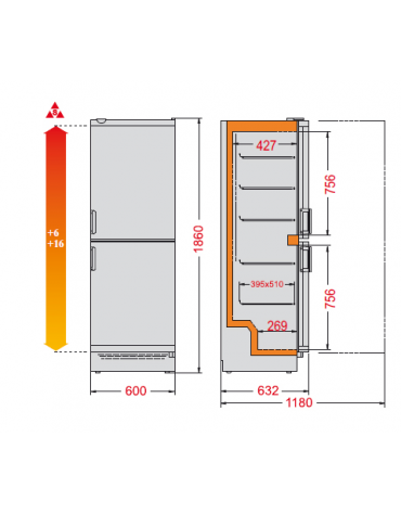 Cantinetta per vini statica, temperatura +6° +16° C mm 600x632x1860h