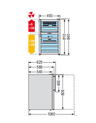 Cantinetta per vini ventilata con due scomparti e doppia temperatura, capacità n°32 bottiglie mm 493x625x830h