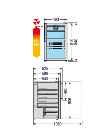 Cantinetta per vini ventilata, temperatura +2° +10° C mm 493x625x830h