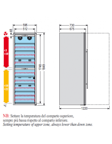 Cantinetta per vini ventilata con due scomparti e temperature regolabili indipendentemente mm 595x680x1840h