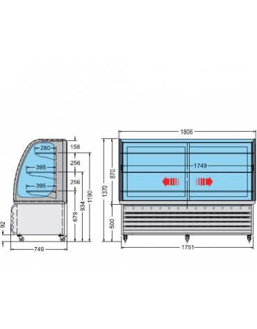 Vetrina espositiva orizzontale refrigerata temperatura +3° +10° C, mm 1806x749x1370h