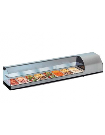 Espositore da banco-vetrina refrigerata statica +3° +5°C in acciaio inox a 2 piani-CAPACITA' N° 6 BACINELLE GN1/3-cm 143,7X38X38