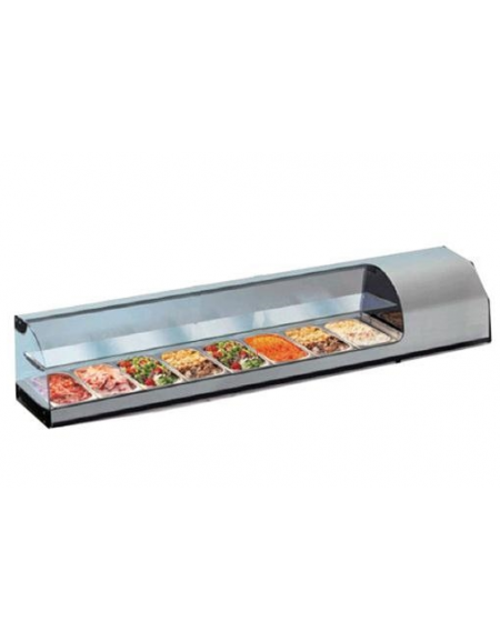 Espositore da banco-vetrina refrigerata statica +3°+5°C in acciaio inox a 2 piani-CAPACITA' N° 10 BACINELLE GN1/3-cm 214,1X38X38