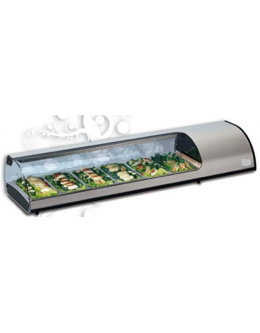 Espositore Da Banco refrigerato per Sushi con vetro unico frontale - Capacità N° 6 bacinelle GN1/3 - Dimensioni cm 143,7X38X25,5