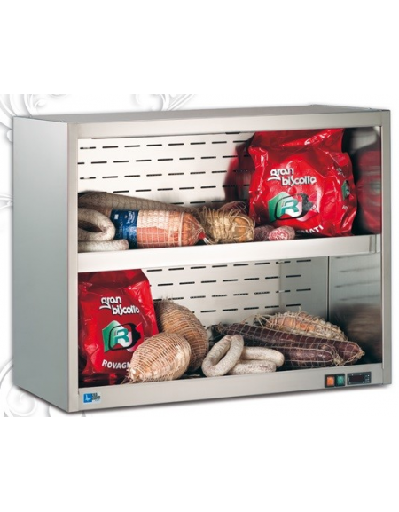 Espositore pensile sospeso inox refrigerato +4 +8 °C con tenda notte e 2  ripiani - Dimensioni cm L100XP50XH80 