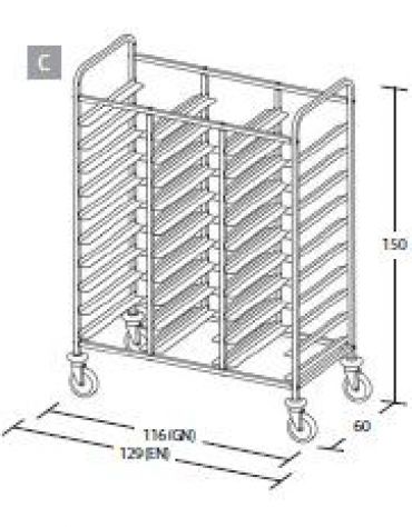 Carrello portavassoi inox - Portata 30 vassoi EN cm 53x37 - dimensioni cm 129x60x150 h
