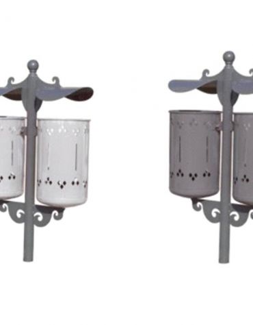 Cestino portarifiuti doppio con coperchio, in acciaio e ghisa - RAL 7011 / 3003 - filo pavimento - cm 75x52x120h