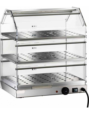 Vetrina riscaldata inox da banco per colazione - 3 piani - con umidificazione - cm 50x35x54h