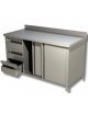 Tavolo armadiato inox con ante scorrevoli, cassettiera a 3 cassetti ed alzatina posteriore - cm 150x70x85h