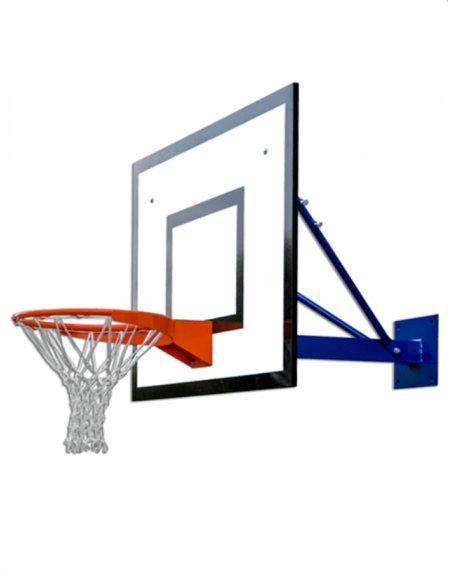 Impianto minibasket a muro, tabelloni in nobilitato bilaminato, canestri fissi e retine, sbalzo cm 80