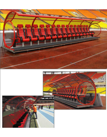 Panchina riserve e allenatori completa di elementi laterali, struttura di acciaio zincato e verniciato