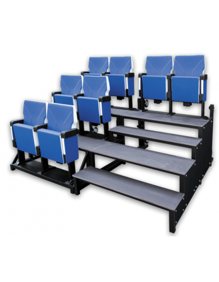 Tribuna VIP componibile e trasportabile realizzabile mediante affiancamento di moduli seduta e moduli scala