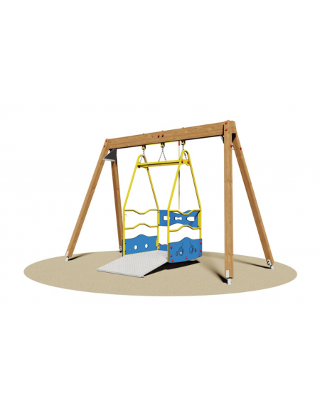 Altalena inclusiva in legno con piattaforma per disabili con accesso per carrozzella - cm 370x160x245h