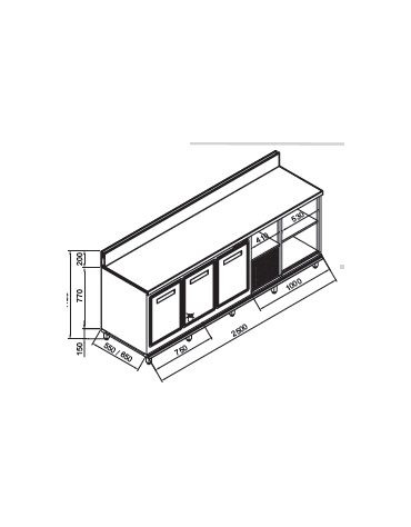 Retrobanco refrigerato 3 sportelli motore interno da cm. 250