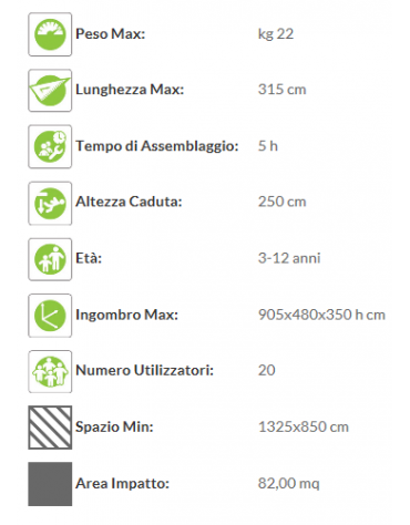 Villaggio in legno con scivolo, ponti in corda, pertiche e parete arrampicata - 4 torrette - scivolo inox - cm 900x400x350h