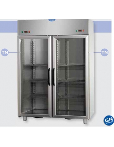 Armadio Combinato Refrigerato GN 2/1 in Acciaio Inox a doppia temperatura (TN + TN) con 2 porte in vetro e 2 luci Neon interne c