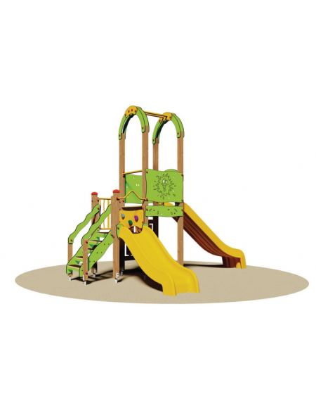 Gioco parco giochi per bambini con 1 torretta senza tetto ed i con tetto, 2 scivoli in polietilene ed un pannello gioco tris