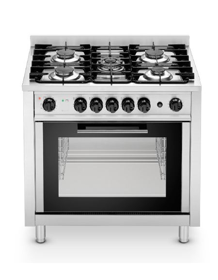 Cucina a gas 5 fuochi su forno elettrico ventilato a convezione trifase - cm  90x65,5x90h - dinaforniture.it